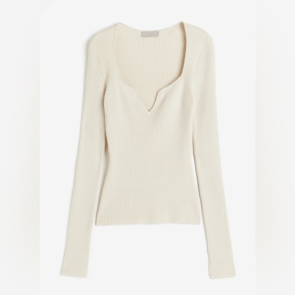 H&M cream Rib-knit Sweetheart-neckline Top NWOT XS long sleeve - Picture 1 of 9